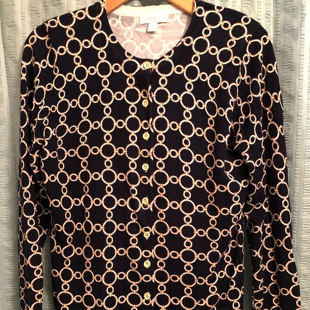 NEW Charter Club Medium Navy Gold Long Sleeve Button Up Cardigan